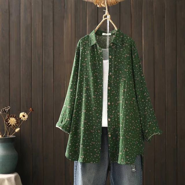 Autumn mid-length floral printed long-sleeved shirt loose casual double-layer cotton tulle cardigan jacket J93