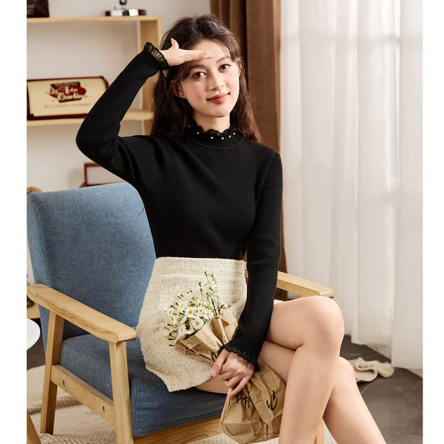 Tang Shi Half Turnie Sweater Women's 2025 Spring New Slim Slim Temperature Inner Lace Base Shirt Top