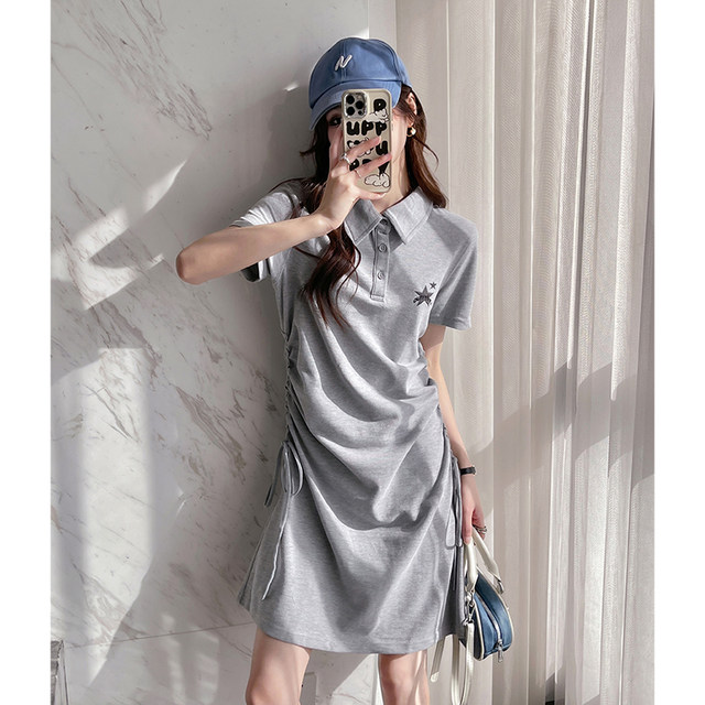 Tang Shi short-sleeved polo collar dress for women 2024 new small casual skirt design drawstring to make them look slim e5