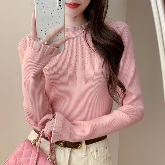 Tangshi sweater women's inner wear 2024 autumn and winter new style half turtleneck splicing bottoming shirt Maillard top white