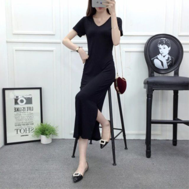 Short-sleeved modal V-neck slit dress in summer, slim black skirt ...