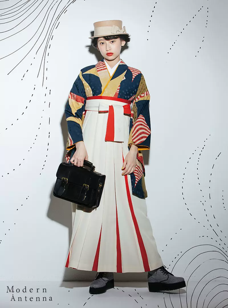 日本傳統正裝二尺和服畢業袴米白撞色拼色經典