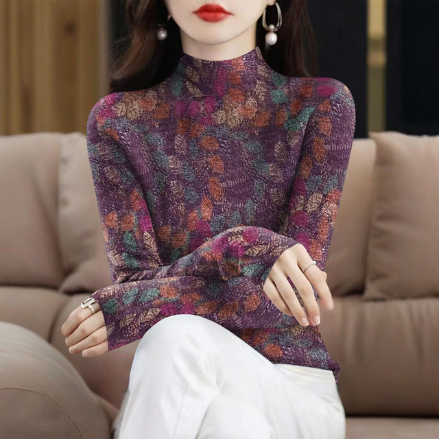 Deye warm printed T -shirt female autumn and winter new temperament mother pretend to be loose large size half -high collar head shirt
