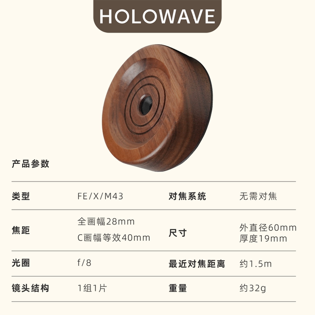 Wooden biscuit pan focus lens fixed focus 28mm full frame portrait mirrorless camera FE/X/M43 mount