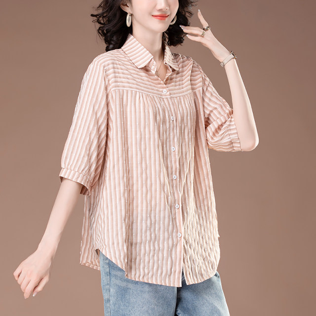 Cropped sleeve shirt for women in summer new plus size plus size women's loose mid-length trendy striped short-sleeved shirt