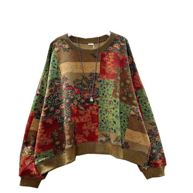 Personalized sweatshirt for women 2024 spring new loose large size retro printed terry cotton round neck ladies top