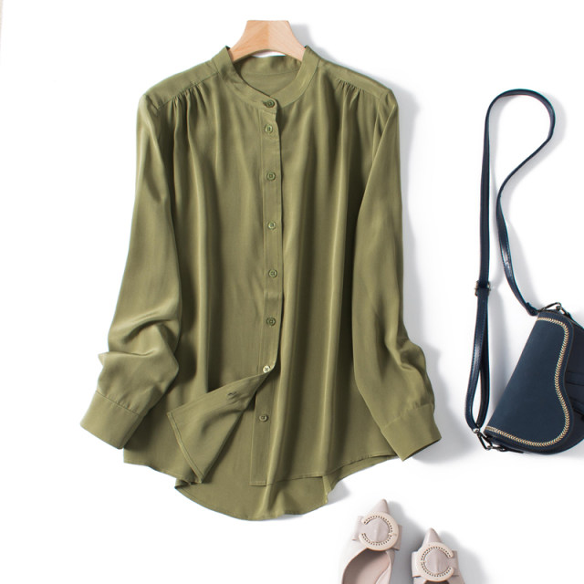 Small stand-up collar Hangzhou silk top for women 2021 new long-sleeved solid color mulberry silk shirt versatile loose spring clothes