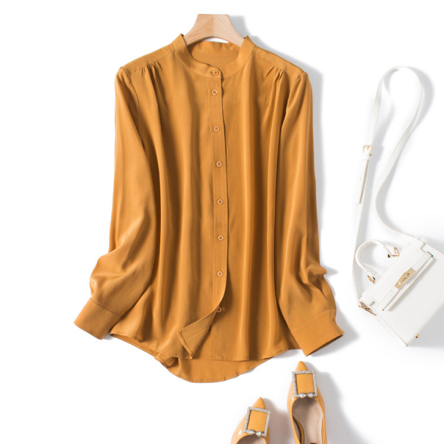 Small stand-up collar Hangzhou silk top for women 2021 new long-sleeved solid color mulberry silk shirt versatile loose spring clothes