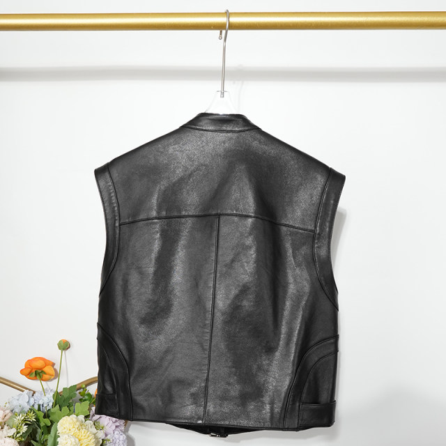 2024 autumn high -level sense stand -up leather vest ladies sheep leather sheepskin vest, shoulder carrier horse clip short jacket