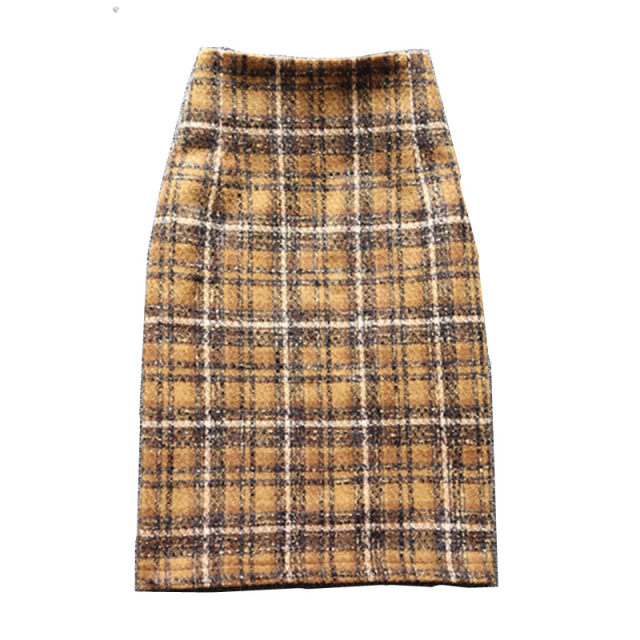 Mao woolen plaid skirt female autumn and winter retro plaid skirt A sub -skirt high -waisted hip straight skirt one -step skirt