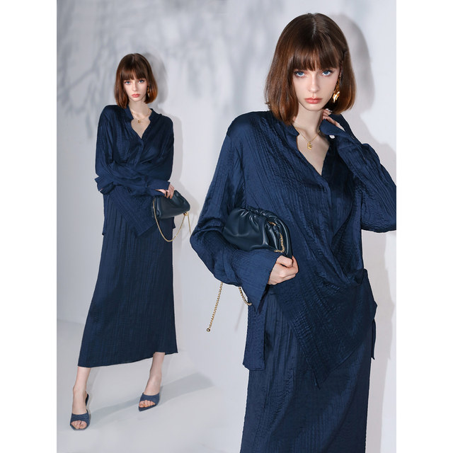 COCOBELLA heavy industry pleated satin elegant stand collar shirt for women new Chinese style two-wear Chinese style shirt SR0045