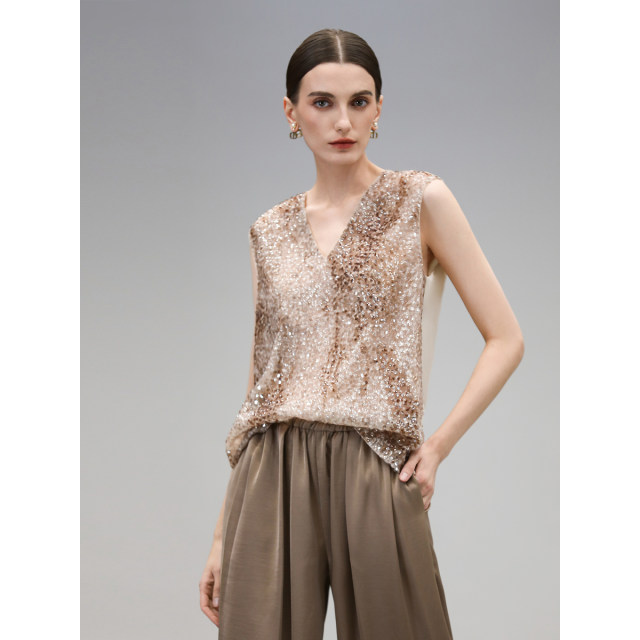 COCOBELLA Heavy Industry Gradient Sequin Embroidery Can Wear Outer Vest Spring and Summer Light Luxury Sleeveless Shirt VT0029