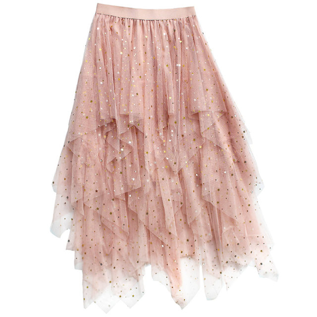 Pink Starry Sky Mesh Skirt Autumn 2025 New Korean Irregular Velvet Skirt Mid-length Female Star Star