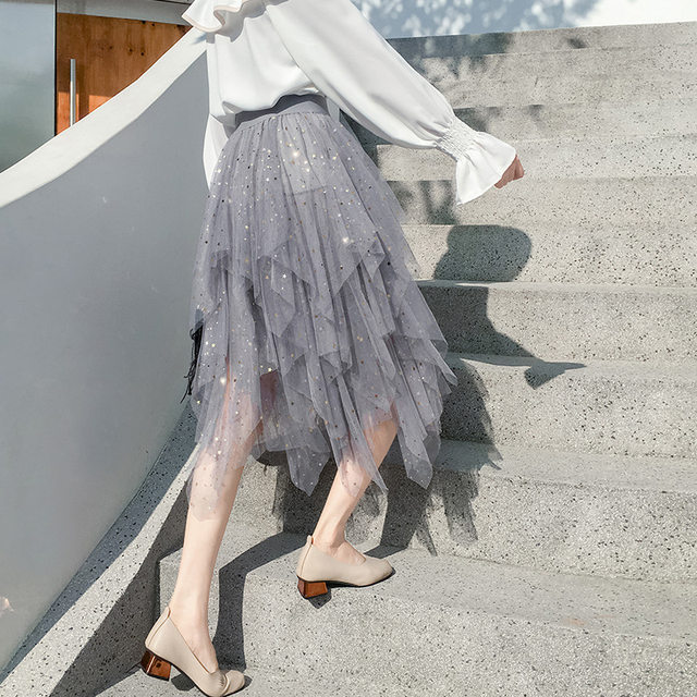 Pink Starry Sky Mesh Skirt Autumn 2025 New Korean Irregular Velvet Skirt Mid-length Female Star Star