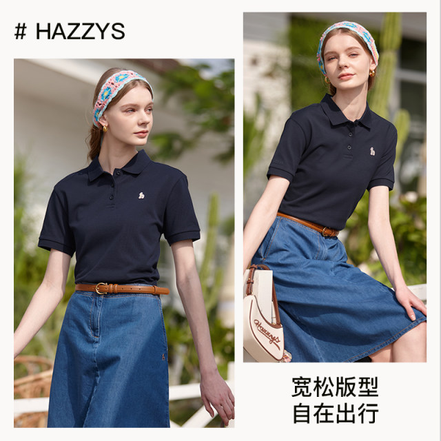 Hazzys Polo shirt for women 2025 summer new solid color casual short-sleeved T-shirt fashion lapel top