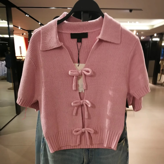 2025 Spring New Products Women's Clothing Bow-decorated Knitted Short Sleeve Round Neck Top 2142007 637
