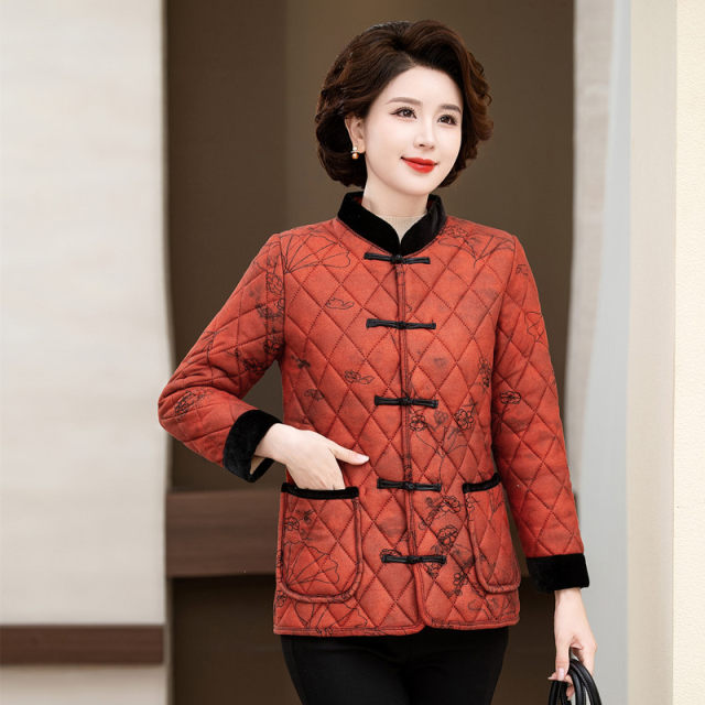 Mom's autumn and winter clothes cotton coat jacket middle-aged and elderly women's loose warm plaid top stand collar cotton coat silk cotton jacket