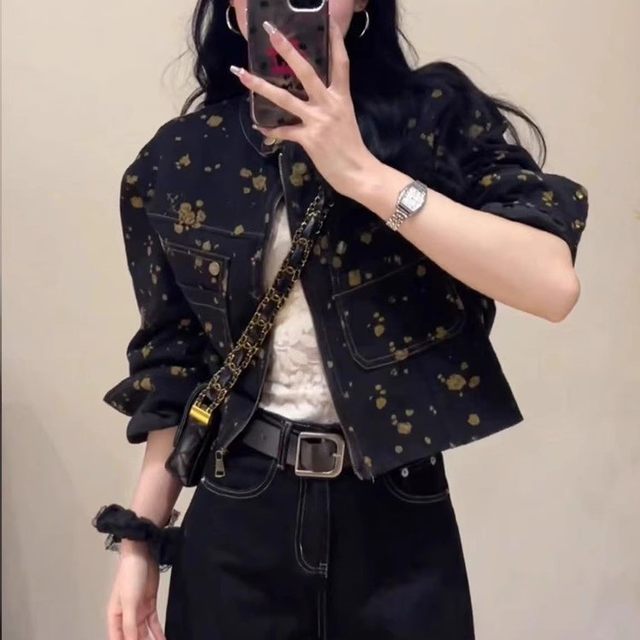 Retro floral printed denim jacket for women 2025 spring and autumn new design niche short temperament casual jacket