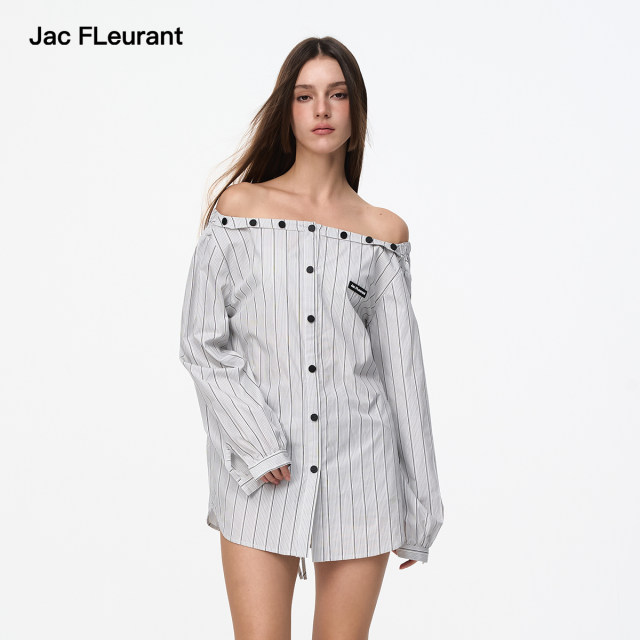JAC FLEURANT2025 Spring and Summer New Style Shirt Women's Long Sleeve Striped Loose White One-Shoulder Waist Shirt
