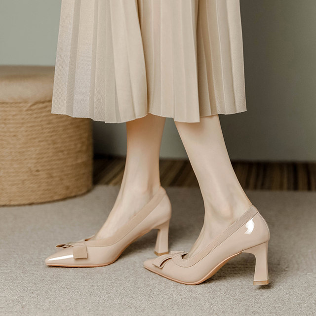 Sheepskin nude thick heel pointed toe mid-heel 5cm high heels for women 7cm 2025 spring and autumn soft leather with skirt single shoes