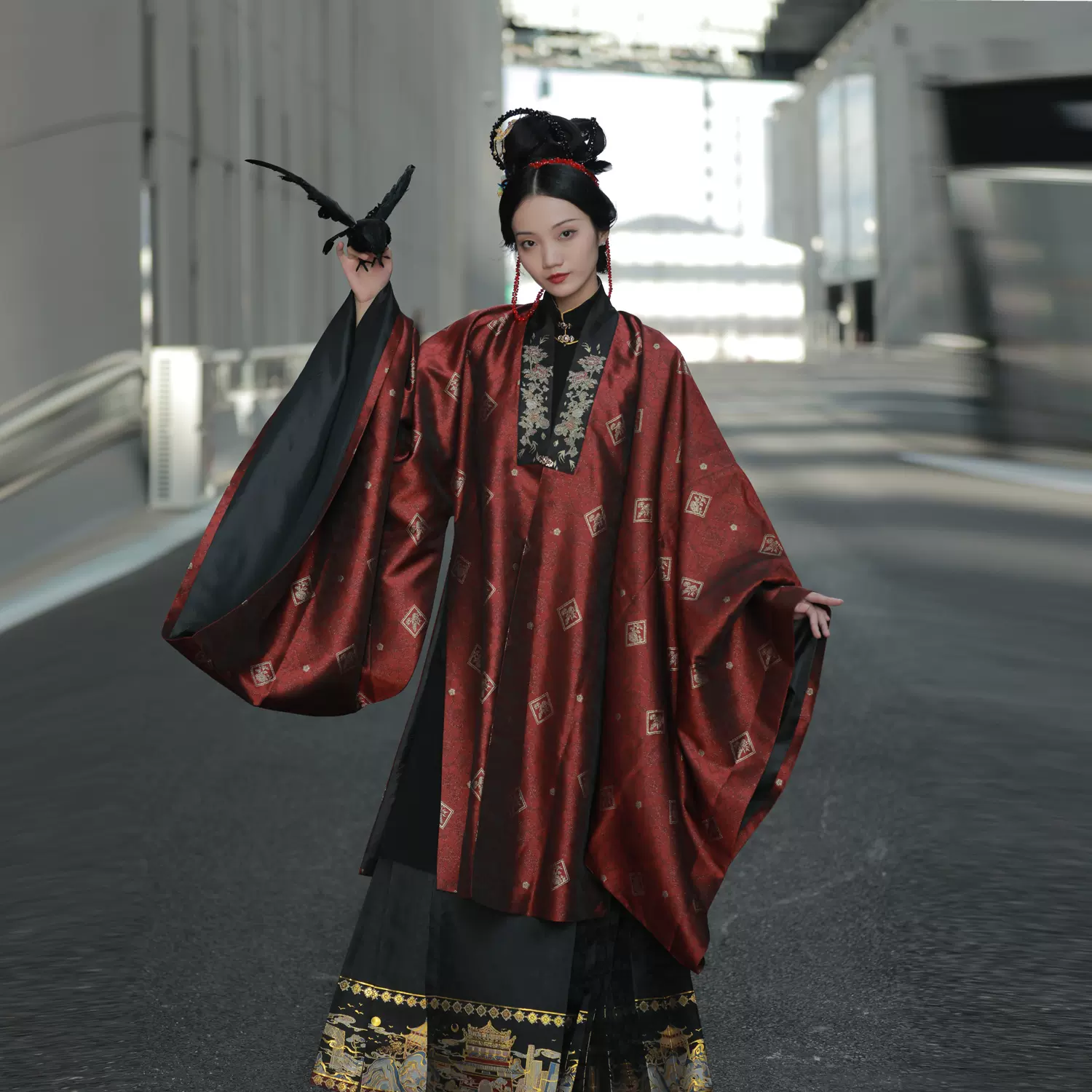 京光 赤黒ロングスカート 馬面裙 西陣織 織錦 中国伝統衣装 明製漢服 