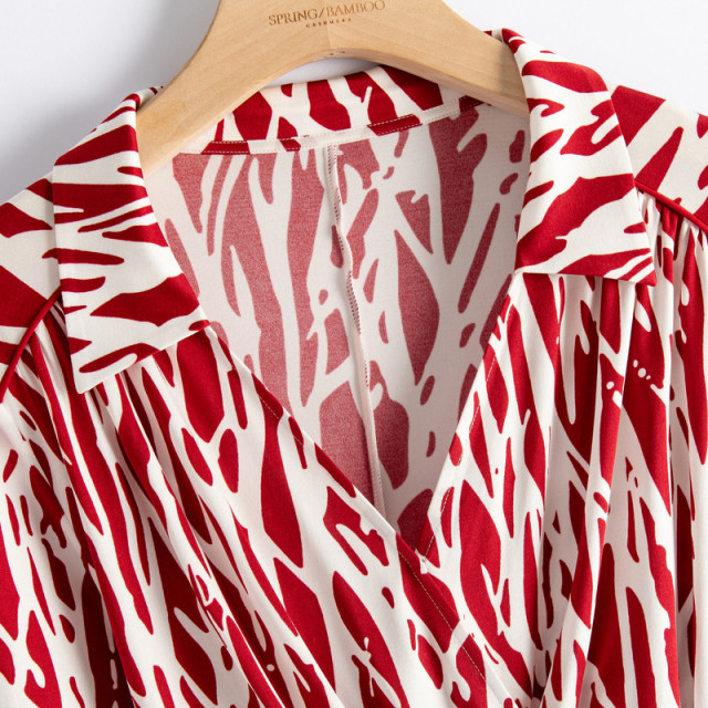 Chunzhu 100% mulberry silk stretch knitted silk wrap skirt with a quarter-sleeved pullover mid-length printed dress