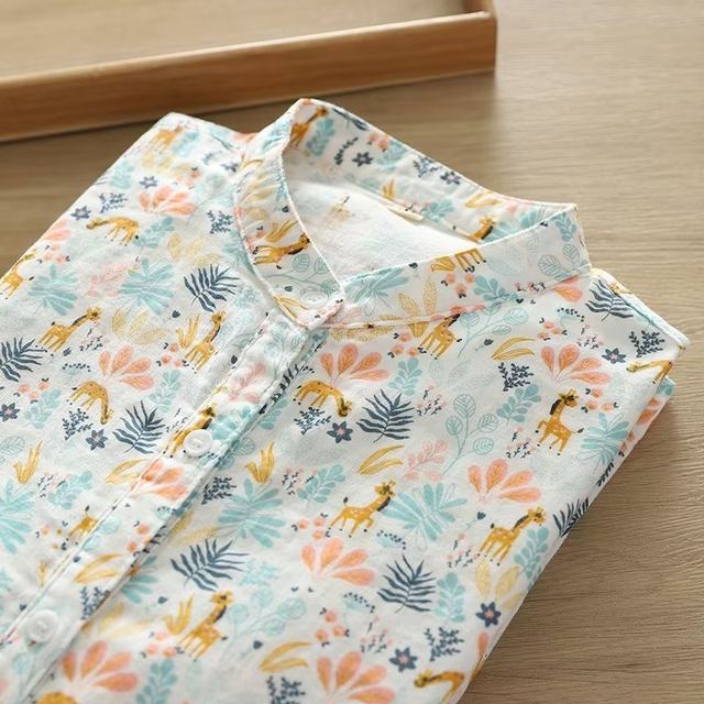 Spring and Autumn New Style Literary Stand Collar Double Layer Cotton Long Sleeve Shirt Women's Loose Cartoon Print Soft Base Shirt
