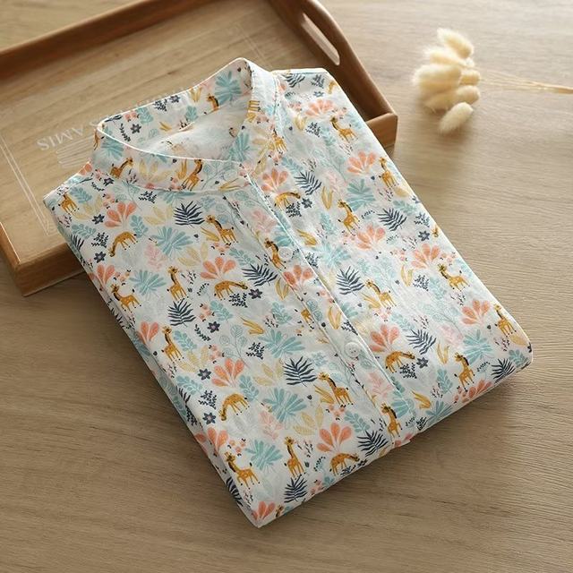 Spring and Autumn New Style Literary Stand Collar Double Layer Cotton Long Sleeve Shirt Women's Loose Cartoon Print Soft Base Shirt
