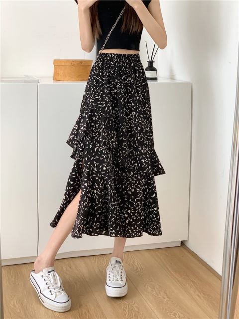 Large size chiffon skirt summer 2025 new mid-length floral cake skirt fat MM high waist elastic A-line skirt