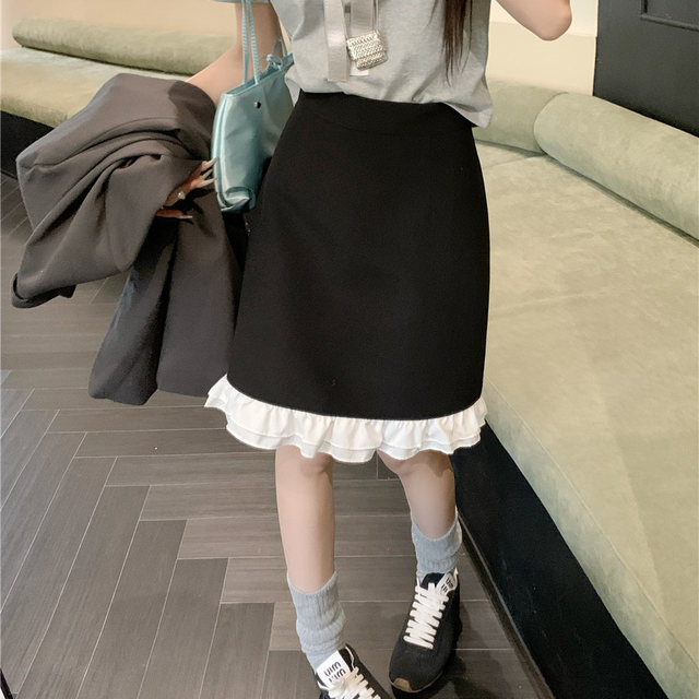 French retro black ear design skirt mid skirt for women in spring and summer fat mm versatile high waist packed hip A-line skirt
