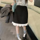 French retro black ear design skirt mid skirt for women in spring and summer fat mm versatile high waist packed hip A-line skirt
