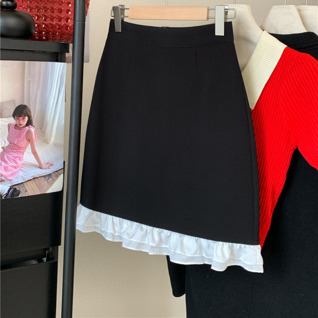 French retro black ear design skirt mid skirt for women in spring and summer fat mm versatile high waist packed hip A-line skirt
