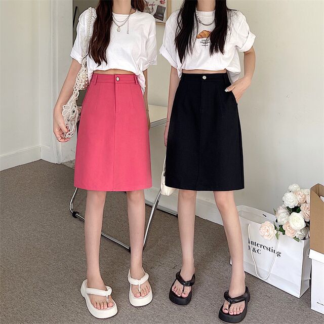 Summer Korean mid-length skirt, large size high waist versatile denim skirt, student solid color slit skirt, ins trendy
