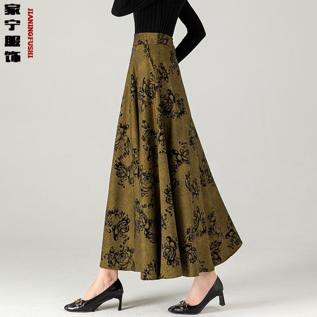 2024 Spring and Autumn New Printed Skirt for Women versatile high-waisted A-line Skirt Mid-length Thickened Slim Large Size Long Skirt
