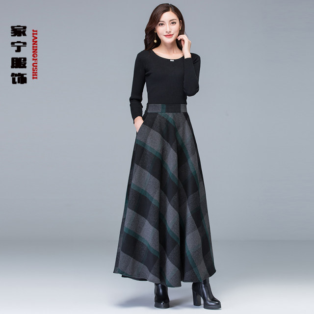 Autumn and winter new versatile high -waisted high -waisted woolen skirt women's winter mid -size square dance long skirt big skirt
