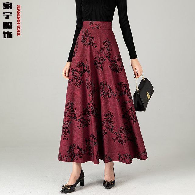 2024 Spring and Autumn New Printed Skirt for Women versatile high-waisted A-line Skirt Mid-length Thickened Slim Large Size Long Skirt
