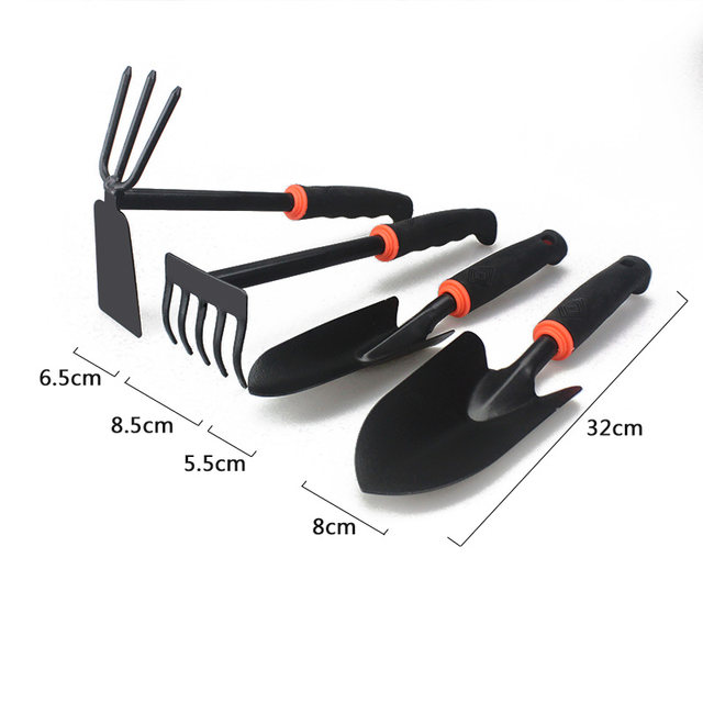 Small black shovel four-piece set of gardening tools for plowing soil, planting trees, shovel rake, large shovel, hoe for flower planting