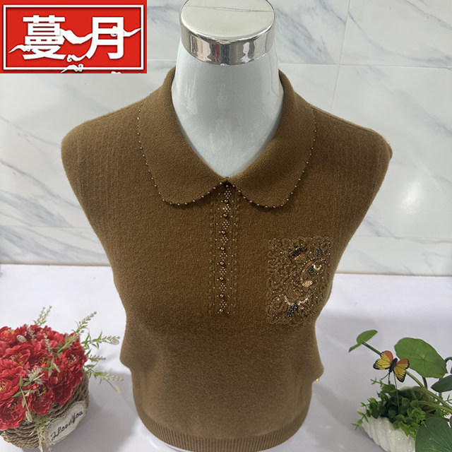 100% pure woolen sweater for women in autumn and winter. Mother's year red sweater with stylish lapel and diamond-encrusted knitted bottoming shirt.