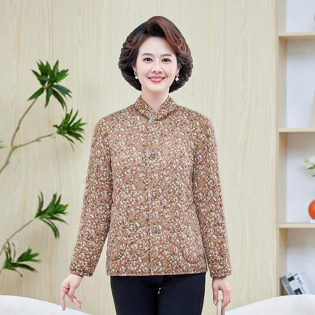 Winter clothing for middle-aged and elderly people, camel velvet floral cotton-padded jacket, grandma's new velvet thickened coat, mother's thickened small cotton-padded coat