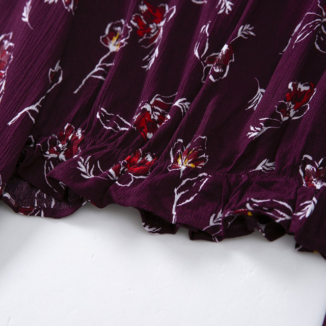 D26-2 New Women's Sauce Purple Red Floral Long Sleeve Small Shirt with Wood Ears One-Ling Short French Shirt