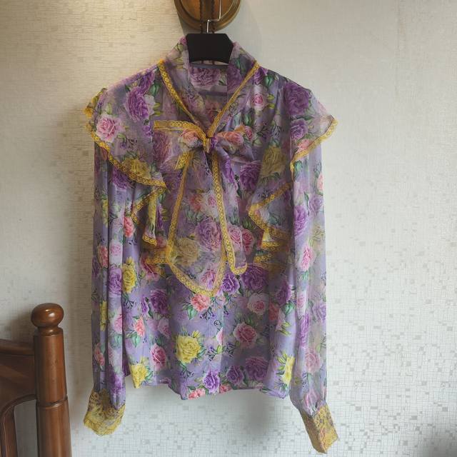 100 silk crepe printed shirt for women in spring new French retro palace style bow tie top