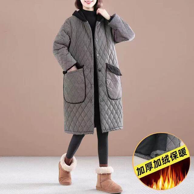 Middle -length thickened warm cotton jacket Women's winter 2022 new loose large size casual print cotton plus velvet jacket
