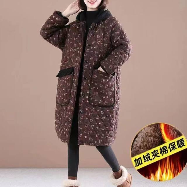 Middle -length thickened warm cotton jacket Women's winter 2022 new loose large size casual print cotton plus velvet jacket

