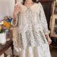 Hot Saysen Women's Simple Blue Floral Cotton and Lines Doll Collar Shirt on the chest Lace 7-quarter sleeves loose and age-reducing