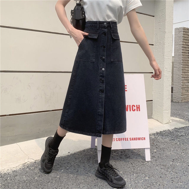 2022 summer large size medium-length single-breasted denim skirt fat mm Korean version a-line hip-pack skirt 200Jin [Jin equals 0.5 kg]