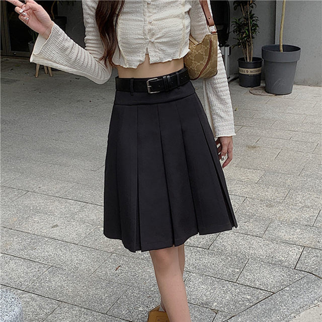 Large size black mid-length pleated skirt for women in spring and autumn high-waisted retro college style skirt slim suit a-line skirt