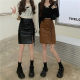 Large -size retro coffee color lace -up PU leather skirt in autumn and winter high waist covered belly A -shaped skirt shows thin split bag hip skirt