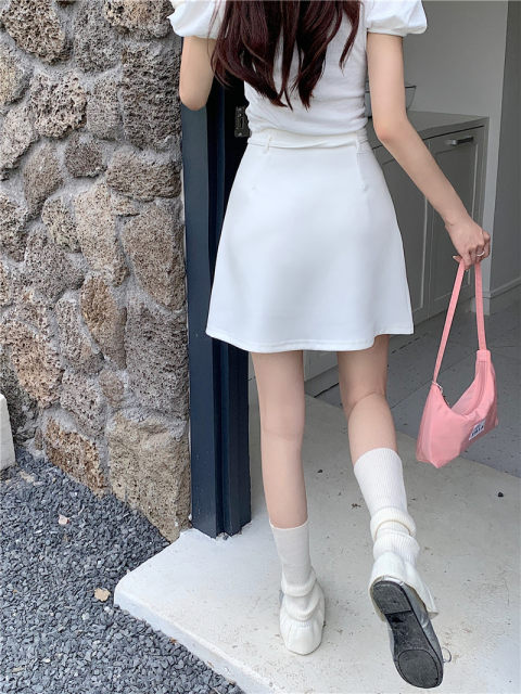 Design-sensual lace-up white skirt for women with large-size summer anti-exposure high-waisted A-line skirt irregular hip-covered short skirt