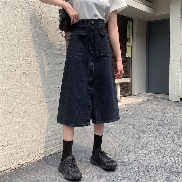 2022 summer large size medium-length single-breasted denim skirt fat mm Korean version a-line hip-pack skirt 200Jin [Jin equals 0.5 kg]