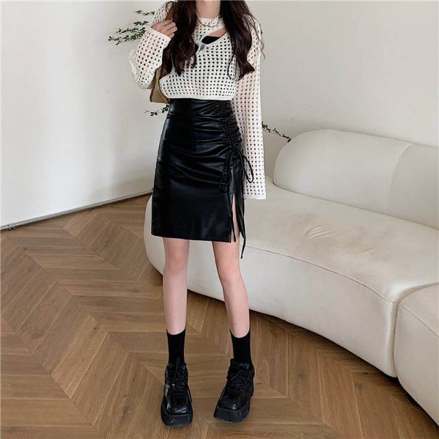 Large -size retro coffee color lace -up PU leather skirt in autumn and winter high waist covered belly A -shaped skirt shows thin split bag hip skirt
